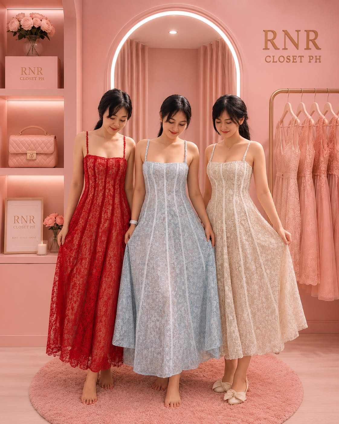 Three models wearing lace dresses in red, blue, and cream at RNR Closet PH