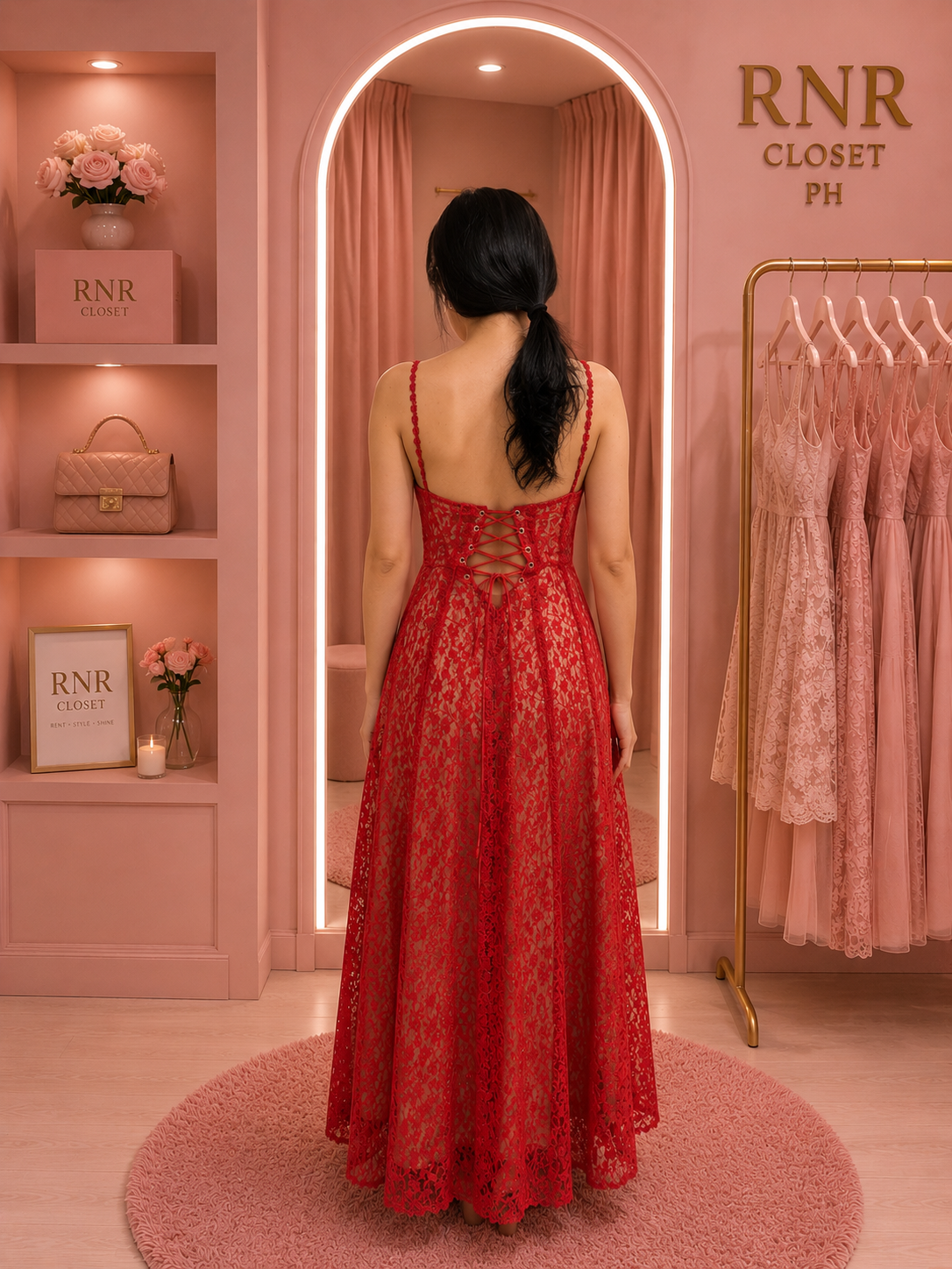 Red Lace Long Dress — Back Detail by undefined